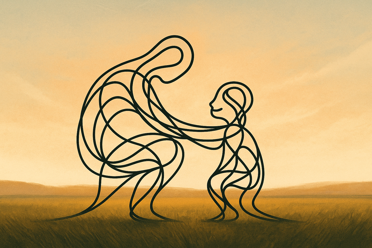 Um pai ajoelhado na altura dos olhos de uma criança em um campo aberto com céu avermelhado de fim de tarde.