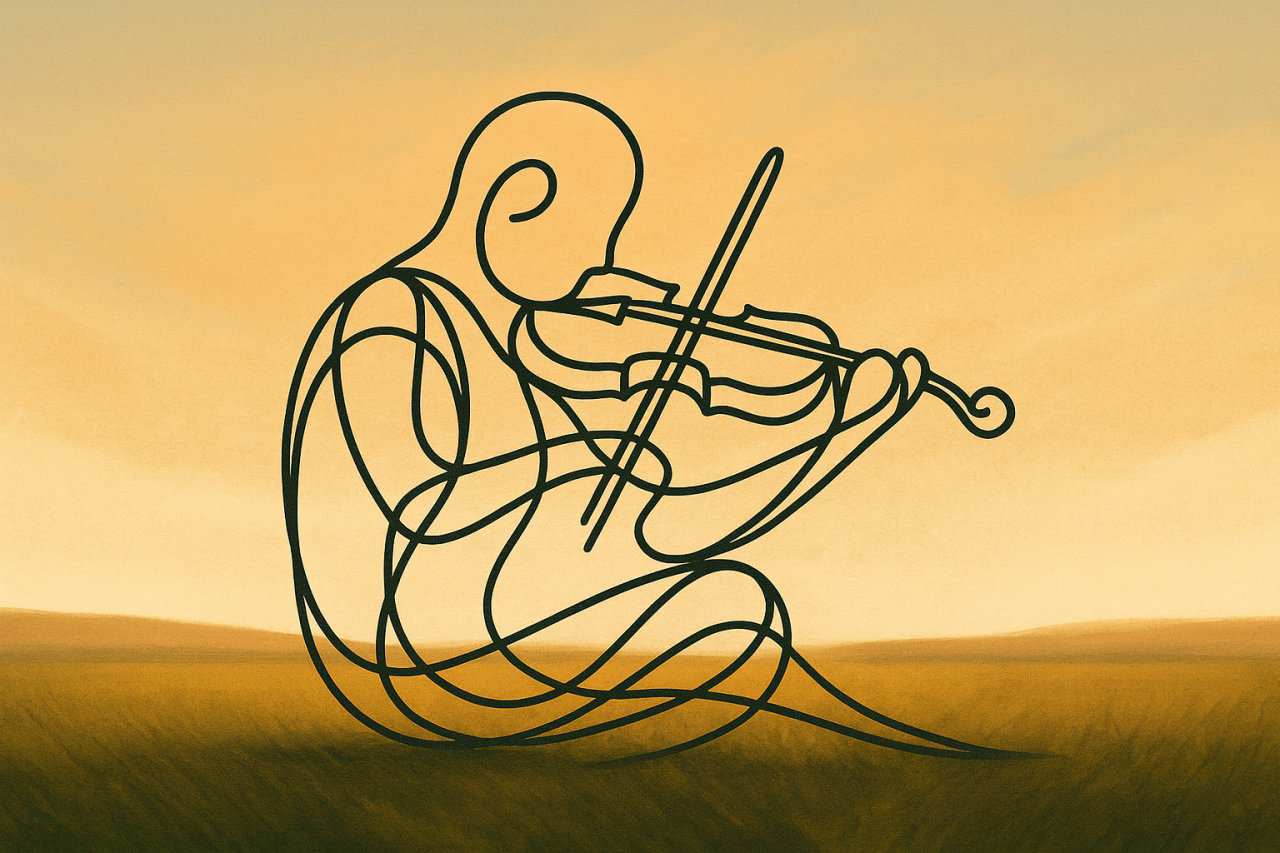 Uma pessoa adulta sentada toca violino. A imagem é composta por laços e linhas contínuas.