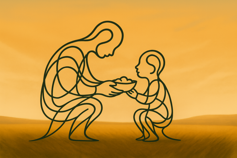 Ilustração em tons dourados e terrosos, feita com linhas contínuas e elegantes. Um pai está agachado oferecendo uma cumbuca de comida a uma criança que está de cócoras diante dele. Ambos são formados apenas por traços pretos fluidos, sobre um fundo limpo e suave, evocando calma, afeto e conexão entre gerações.